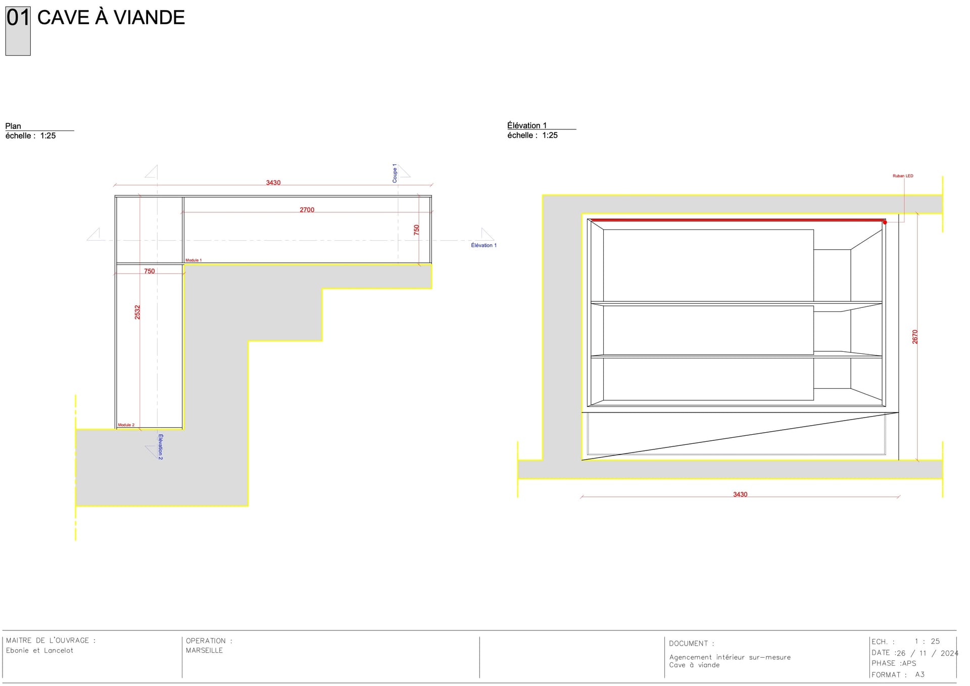 Cave à viande plan et élévation