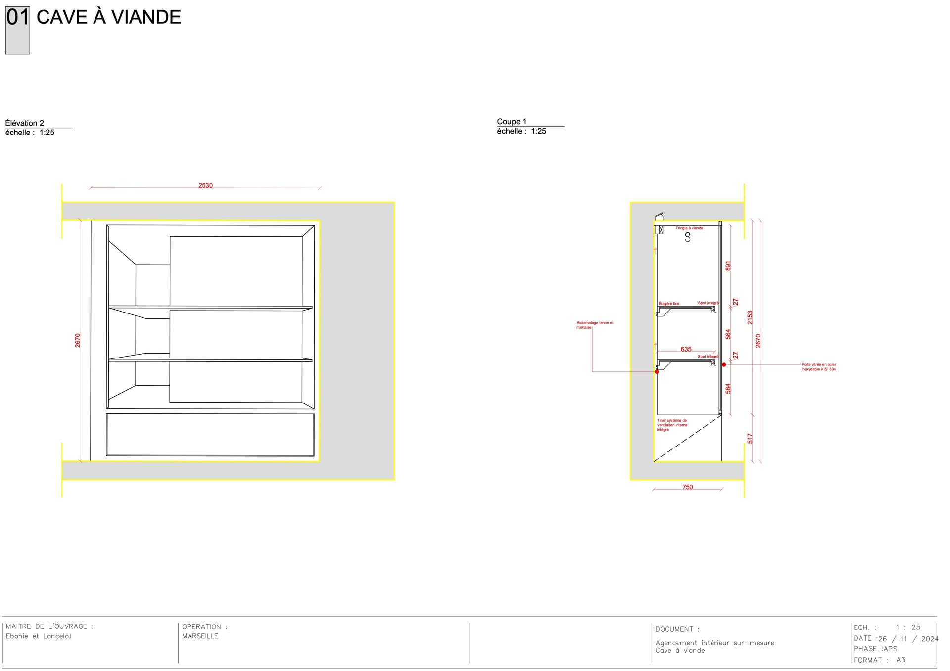 Cave à viande élévation et coupe